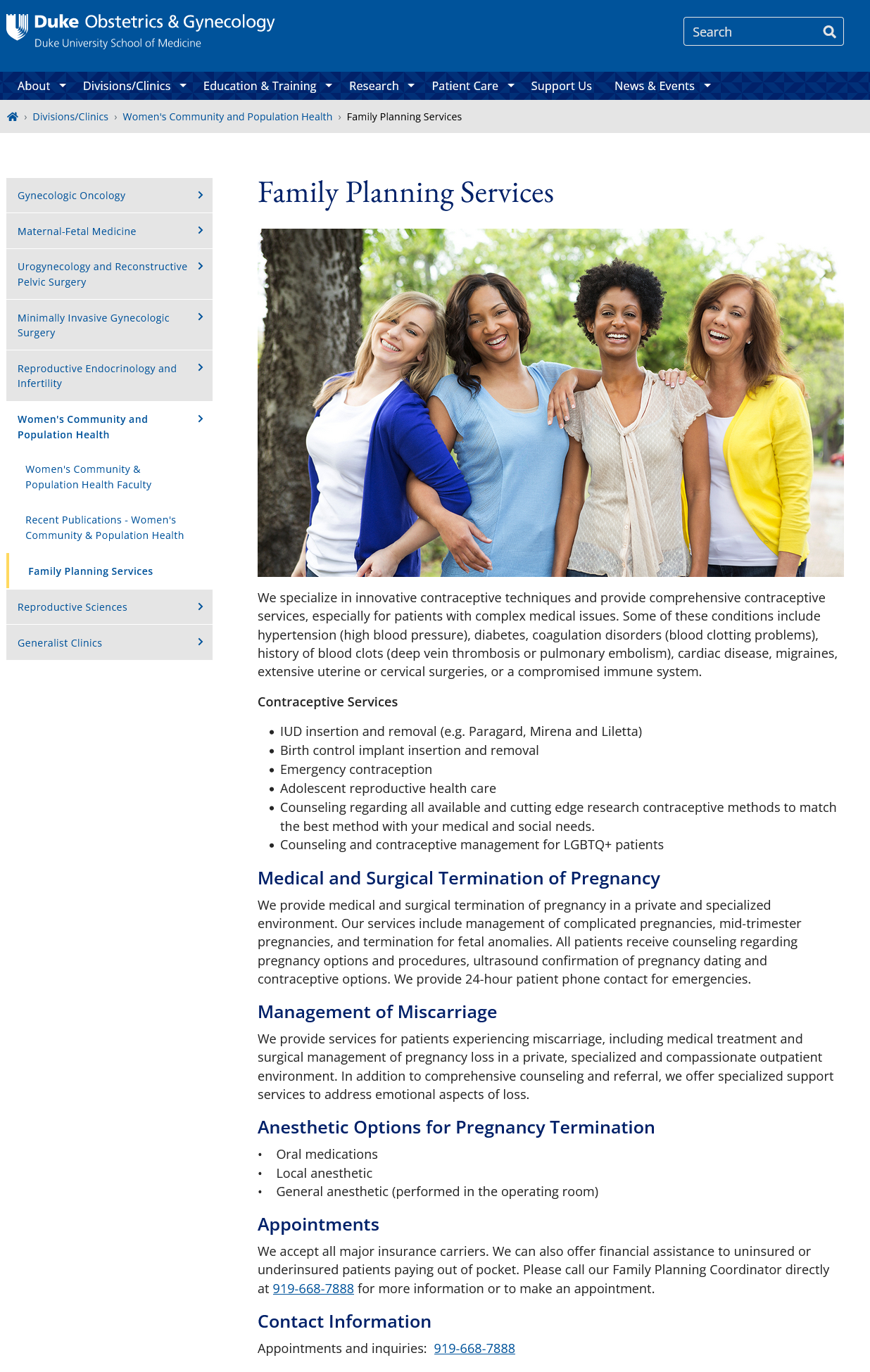 Duke University OBGYN Webpage Screenshot including abortion references